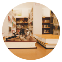 Image of library book with library in background